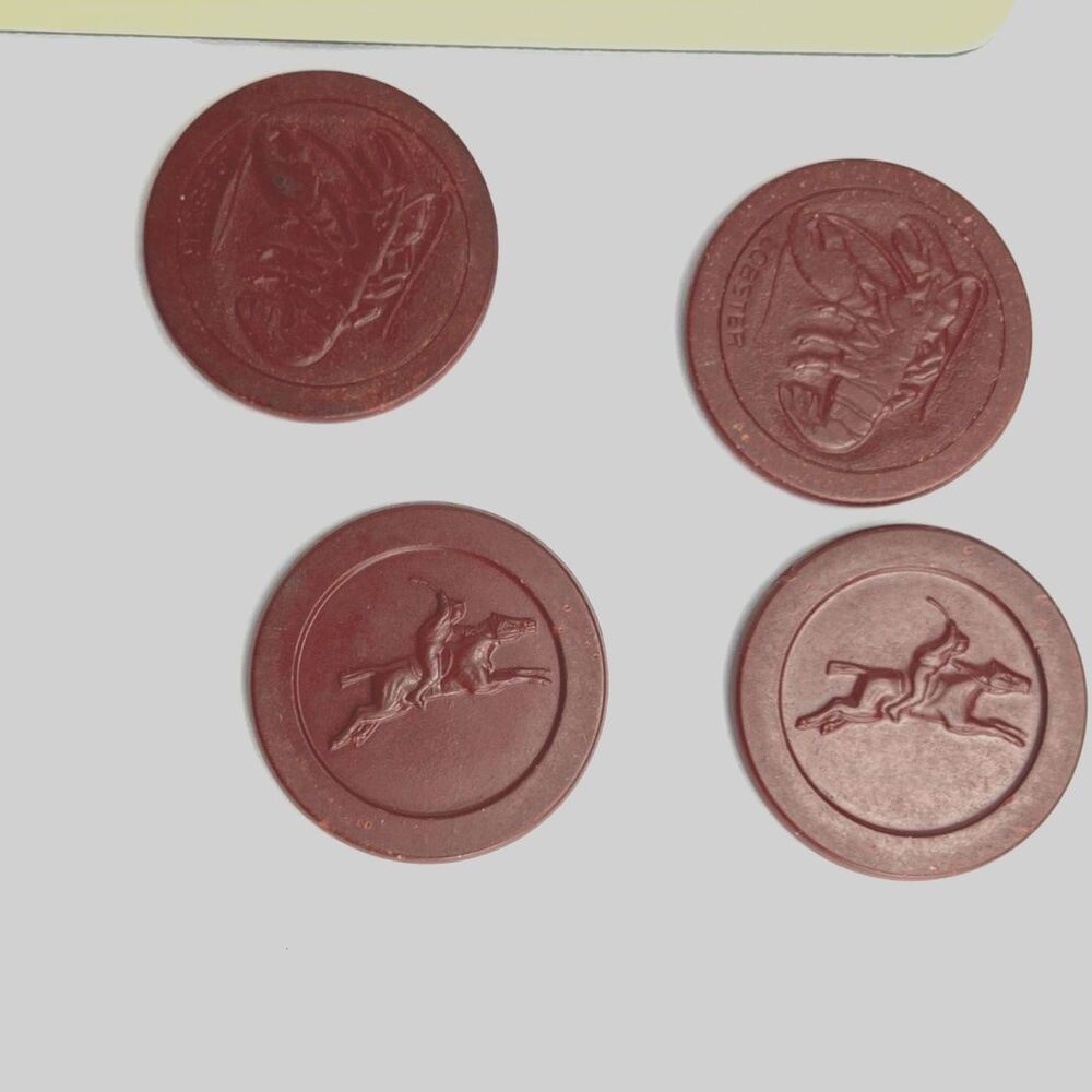 VTG 4 Pictorial Clay Poker Chips- 2 Jockey style, 2 Lobster Style